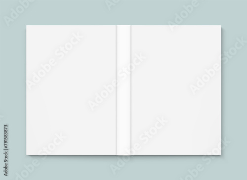 Blank opened hardcover book mockup. Vector illustration on colour background. It can be used for promo, catalogs, brochures, magazines, etc. Ready for your design. EPS10.