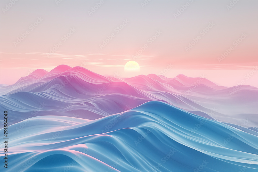 Minimalistic 3D abstract landscape featuring rolling hills and calming pastel sunrise