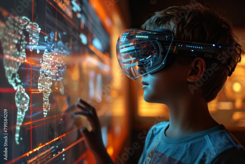 boy wearing virtual reality headset looking at a digital world map