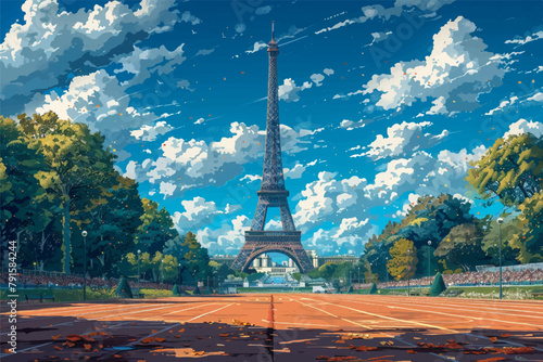 Tartan runway with the eiffel tower in the background, Paris olympic games, vector, vectorial 