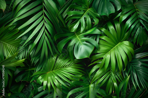 Green tropical background with palm leaves for decor, covers, backgrounds, wallpapers © Anna