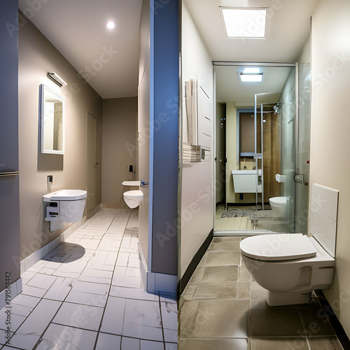 Comparison of bathroom with wall-hung toilet and heated floor before and after refurbishment. Old apartment restroom with underfloor heating pipes and 
