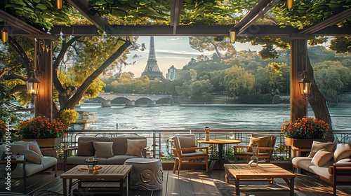 A cafe balcony space, outside the space there are high-quality wooden sofas and tables, a warm fireplace, The space is lakeside with green leafy trees signaling summer. Generative AI. photo