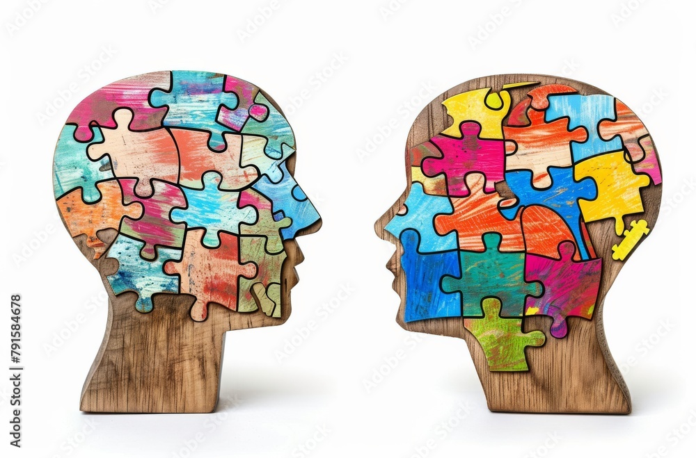 Illustration depicting two heads with colorful puzzle pieces, symbolizing abstract thinking and generating ideas Illustration depicting two heads with colorful puzzle pieces, symbolizing abstract thinking and generating ideas