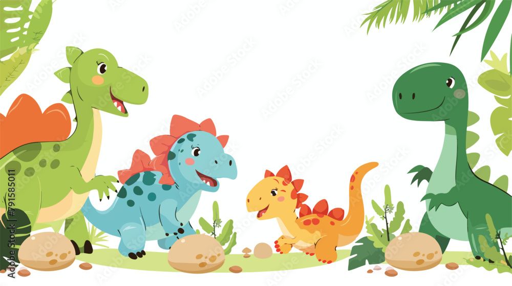 Cartoon round frame of little cute happy dinosaurs 