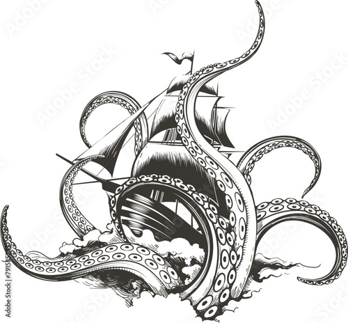 Giant octopus catches sail ship