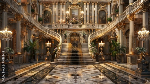An opulent ballroom with a grand staircase and marble floors