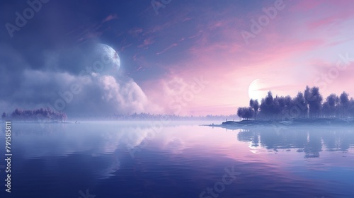 A tranquil backdrop of misty blues and purples, evoking the serenity of a tranquil evening sky. © Khan