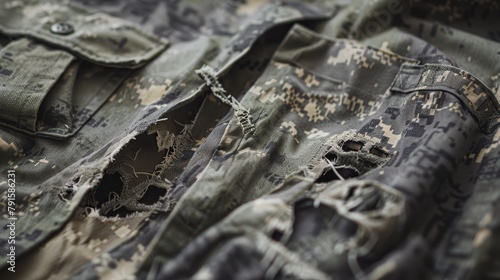 Ripped fabric on a uniform  AI generated illustration photo