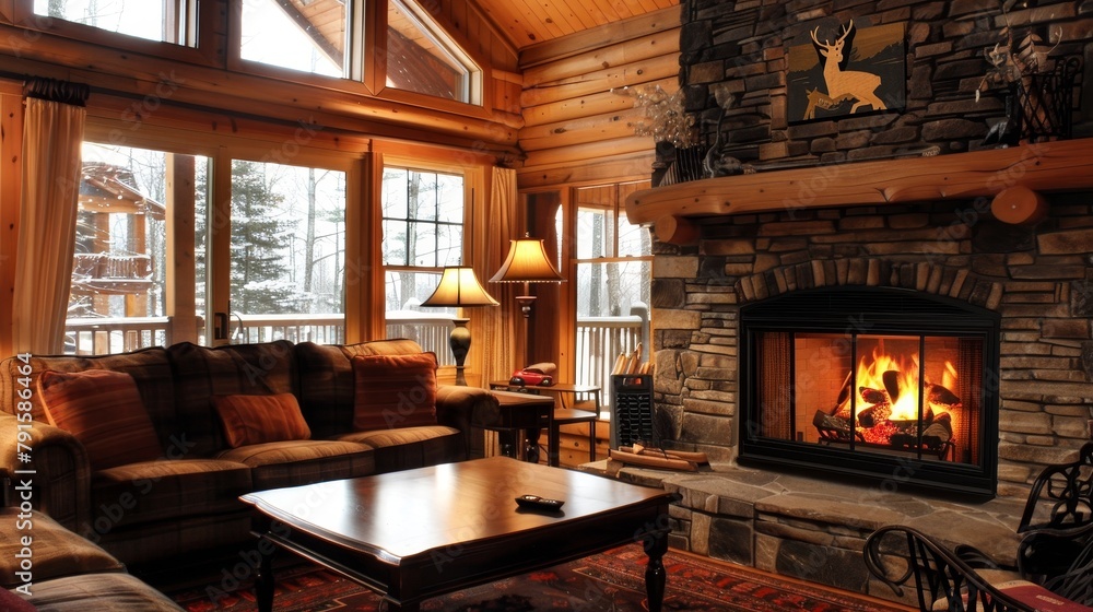 Rustic lodges with stone fireplaces AI generated illustration Rustic lodges with stone fireplaces AI generated illustration