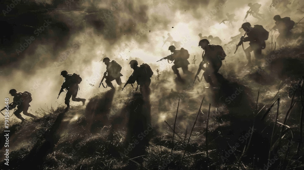 Shadows of soldiers moving through a battlefield AI generated illustration Shadows of soldiers moving through a battlefield AI generated illustration