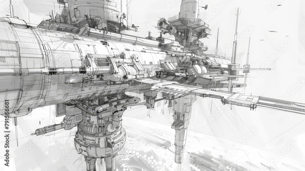 Sketch of a futuristic space station design AI generated illustration Sketch of a futuristic space station design AI generated illustration