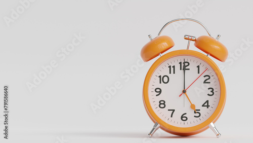 Yellow alarm clock on white background. The clock hand shows 5 o'clock (ID: 791586640)