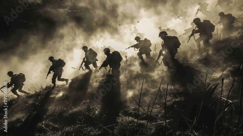 Shadows of soldiers moving through a battlefield  AI generated illustration © ArtStage