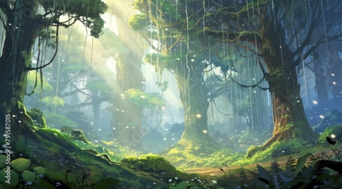 Sunlit mystical forest with ethereal rays