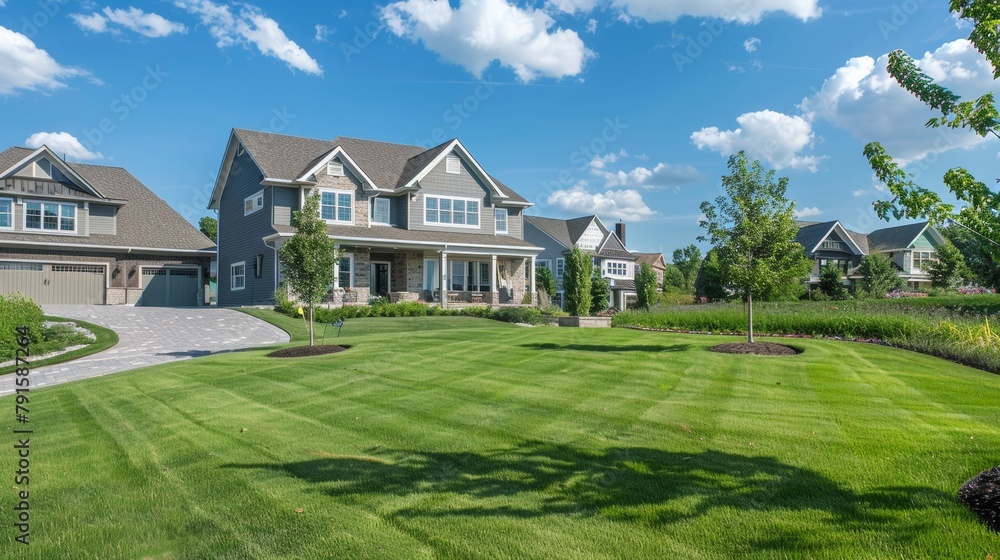 Suburban homes with sprawling lawns AI generated illustration Suburban homes with sprawling lawns AI generated illustration