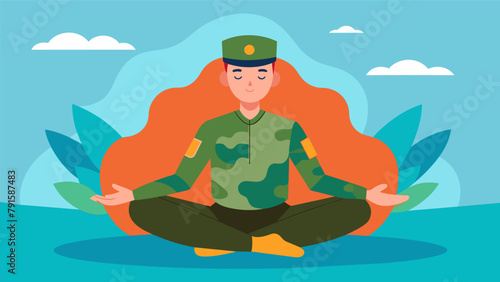 A soldier engaging in guided meditation learning to quiet their mind and manage their stress levels in preparation for battle.