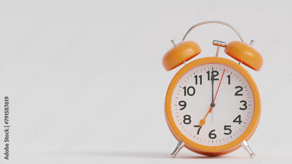 Yellow alarm clock on white background. The clock hand shows 7 o'clock Yellow alarm clock on white background. The clock hand shows 7 o'clock