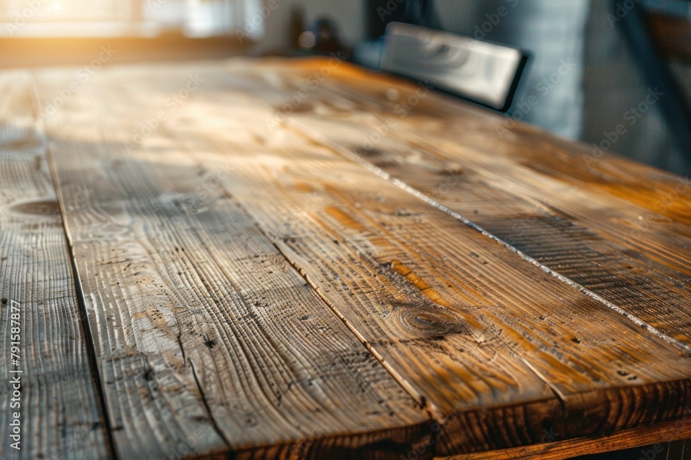 Closeup of wooden table with sunlight streaming through window in background, creating warm and inviting atmosphere Closeup of wooden table with sunlight streaming through window in background, creating warm and inviting atmosphere