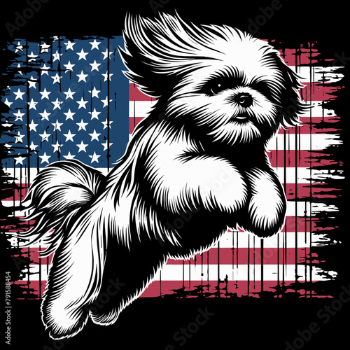 Shih Tzu Dog Wear USA Top Hat, 4th of July patriotic American flag, Cartoon Clipart Vector illustration, Independence day themed Mascot Logo Character Design, presidential election