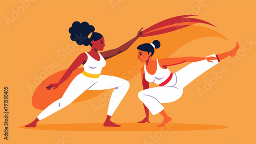 The fluid and graceful movements of capoeira are on full display as two women engage in a game of combat displaying their strength and finesse