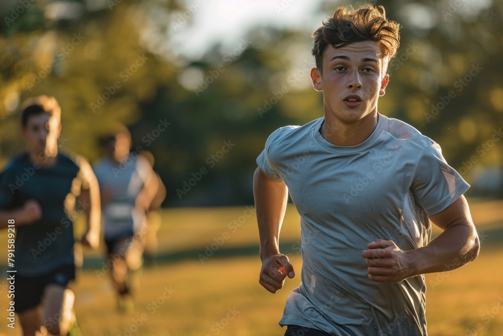 A young male runner is running in a cross-country race.