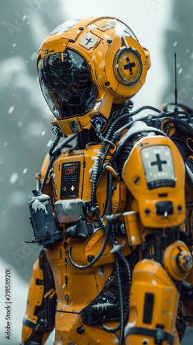 A yellow robot wearing a helmet and a backpack stands in the snow