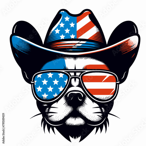 French Bulldog Wear USA Top Hat, 4th of July patriotic American flag, Cartoon Clipart Vector illustration, Independence day themed Mascot Logo Character Design, presidential election