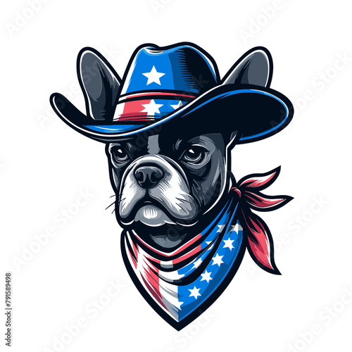 French Bulldog Wear USA Top Hat, 4th of July patriotic American flag, Cartoon Clipart Vector illustration, Independence day themed Mascot Logo Character Design, presidential election