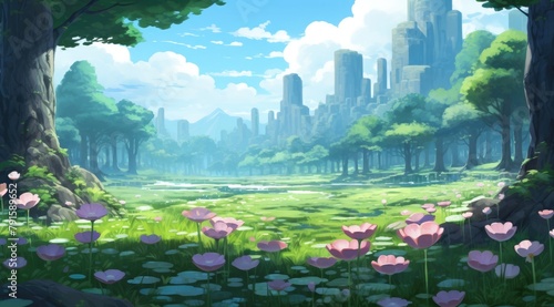 Serene grove with floating lotus blossoms, symbolizing peaceful seasonal change photo