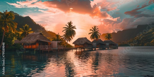 Overwater bungalows with thatched roofs at sunset in a tropical island resort