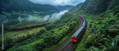 A train ride through a lush green valley with mountains in the background