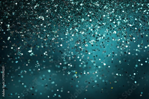 Teal glitter texture background with dark shadows, glowing stars, and subtle sparkles with copy space for photo text or product, blank empty copyspace
