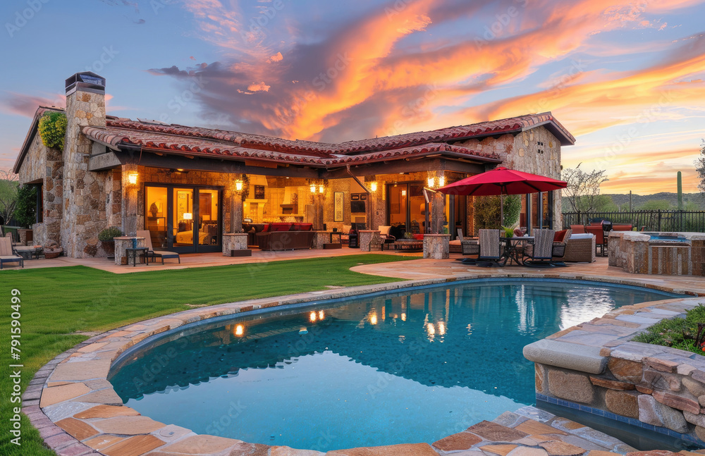 the backyard and pool area at sunset in Arizona, featuring an elegant house with traditional stucco walls, dark windows, light wood accents, stone fire pit, red umbrella, outdoor dining table, lawn
