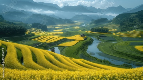 Spring beauty, Rapeseed flower terraced fields with a river, green mountains in the distance. Generative AI. photo