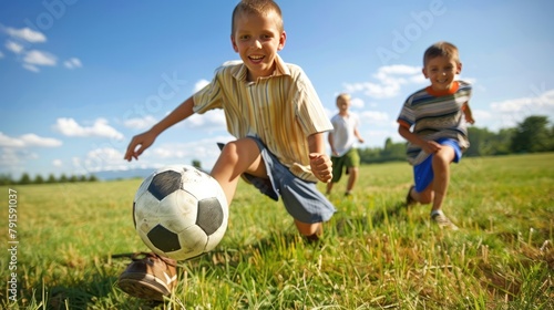 A happy young boy playing soccer with friends on a grassy field, kicking the ball with energy and enthusiasm