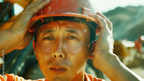 Determined Asian Construction Worker Taking a Break