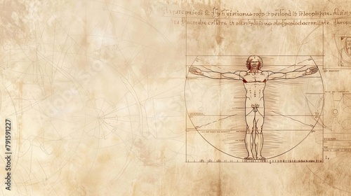 Sketch of Leonardo da Vinci's Vitruvian man and engineering drawings. Italian Renaissance. Vintage brown and beige card, hand-drawn, vector. Old design. Line graphics