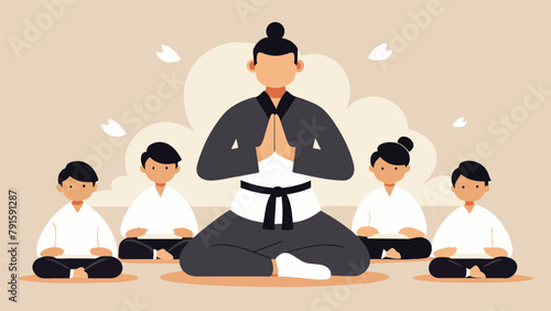 A black belt sensei leads their students in a group meditation reinforcing the importance of focus and concentration in mastering the martial