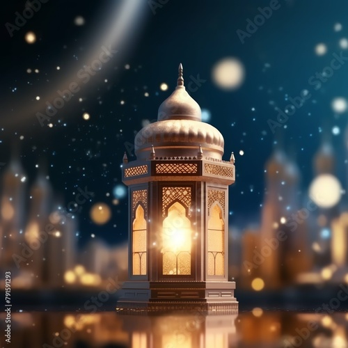Eid mubarak and ramadan kareem greetings with islamic lantern and mosque. Eid al fitr background © pena