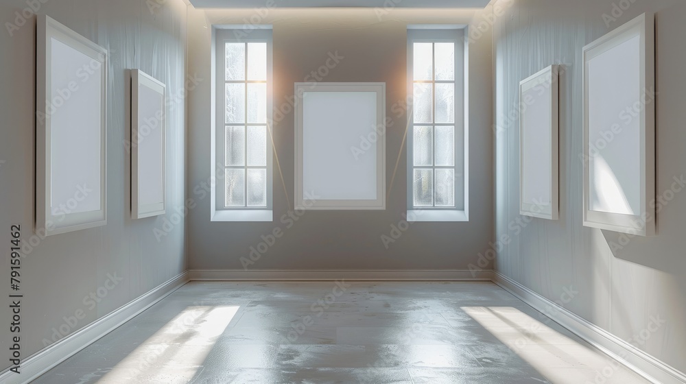 A clear room mock-up with four grey picture frames arranged in the middle. without shadows. in minimalist style. Generative AI. A clear room mock-up with four grey picture frames arranged in the middle. without shadows. in minimalist style. Generative AI.