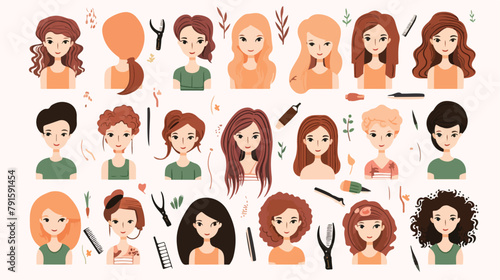 Haircuts of woman set vector illustration. Thin lin