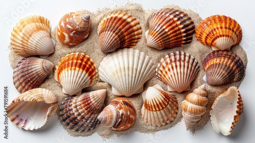 Vibrant Sea Shells Artfully Arranged on Sand Generative AI