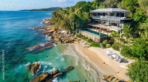 A secluded cove hidden within the Sea of Lights home to a charming beach house that offers privacy and seclusion from the outside world. An idyllic escape for those 2d flat cartoon. photo