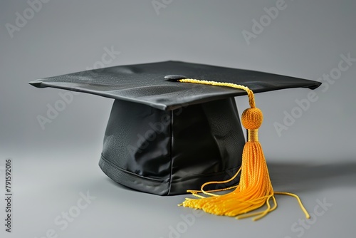 Front view of graduation cap place on gray background. Studio shot. Accomplishment concept