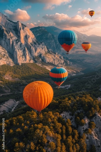 A group of hot air balloons flying over a mountain range, AI