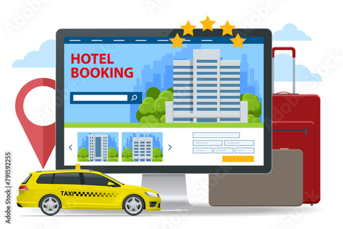 Isometric online hotel booking concept. Buying ticket with smartphone. People booking hotel and search reservation for holiday. Smartphone maps gps location