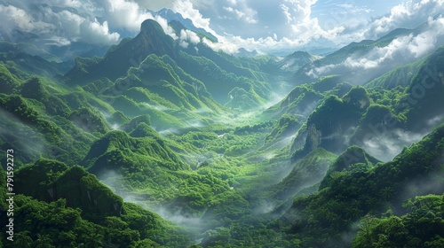 A misty valley between two tall mountains. photo