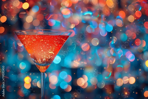 A martini glass with a red liquid and a blue background with multi-colored bokeh. photo