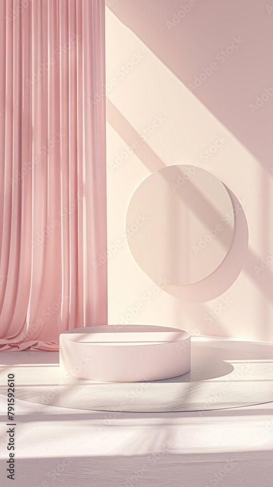 An elegant minimalist interior setup with soft pink curtains and geometric shapes casting shadows on a wall An elegant minimalist interior setup with soft pink curtains and geometric shapes casting shadows on a wall